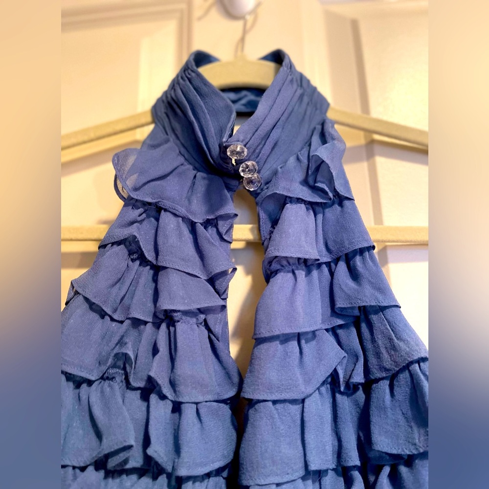 Dusty Blue Ruffled Halter Blouse 💙 w/ Crystal Button Choker Style Neck Closure